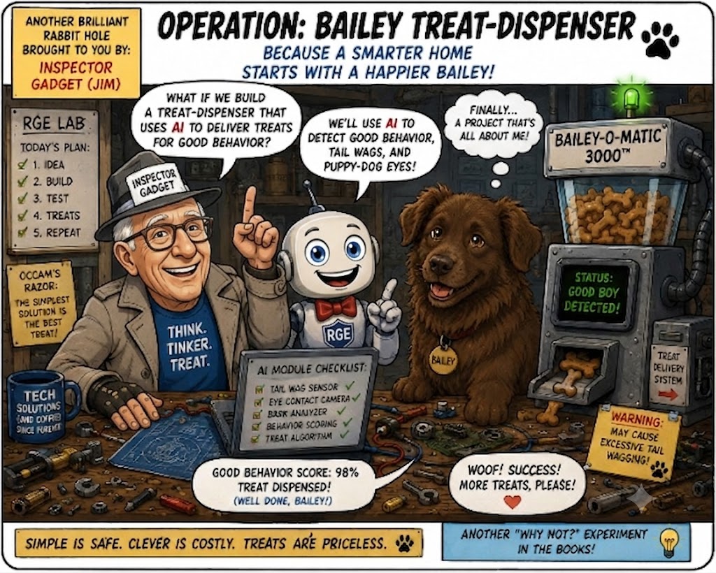 Inspector Gadget, Chip, and Bailey having fun with ChatGPT in a treat-dispenser cartoon