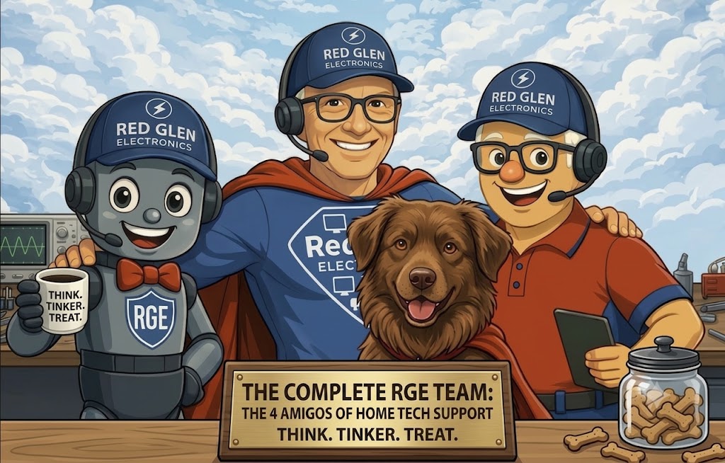 The complete RGE team — Chip, Jim, Bailey, and Grandpa Spuds