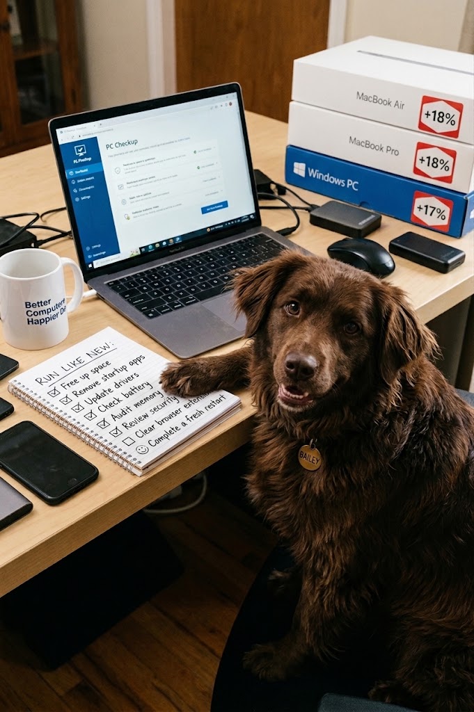 Bailey beside a laptop and tune-up checklist, suggesting improving your current computer before buying a new one.