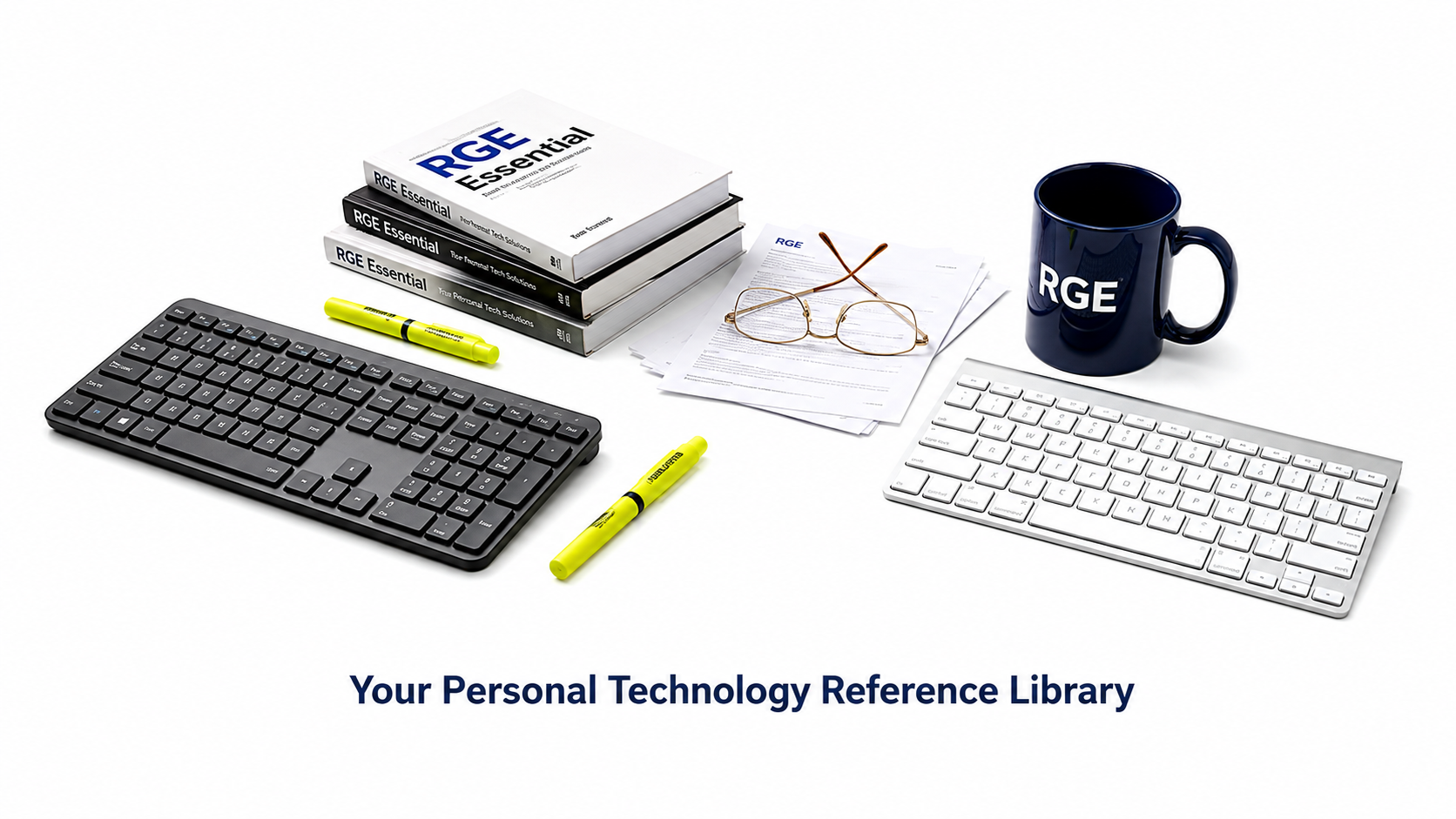 RGE Essentials reference library with printed guides, keyboards, reading glasses, highlighters, and RGE mug