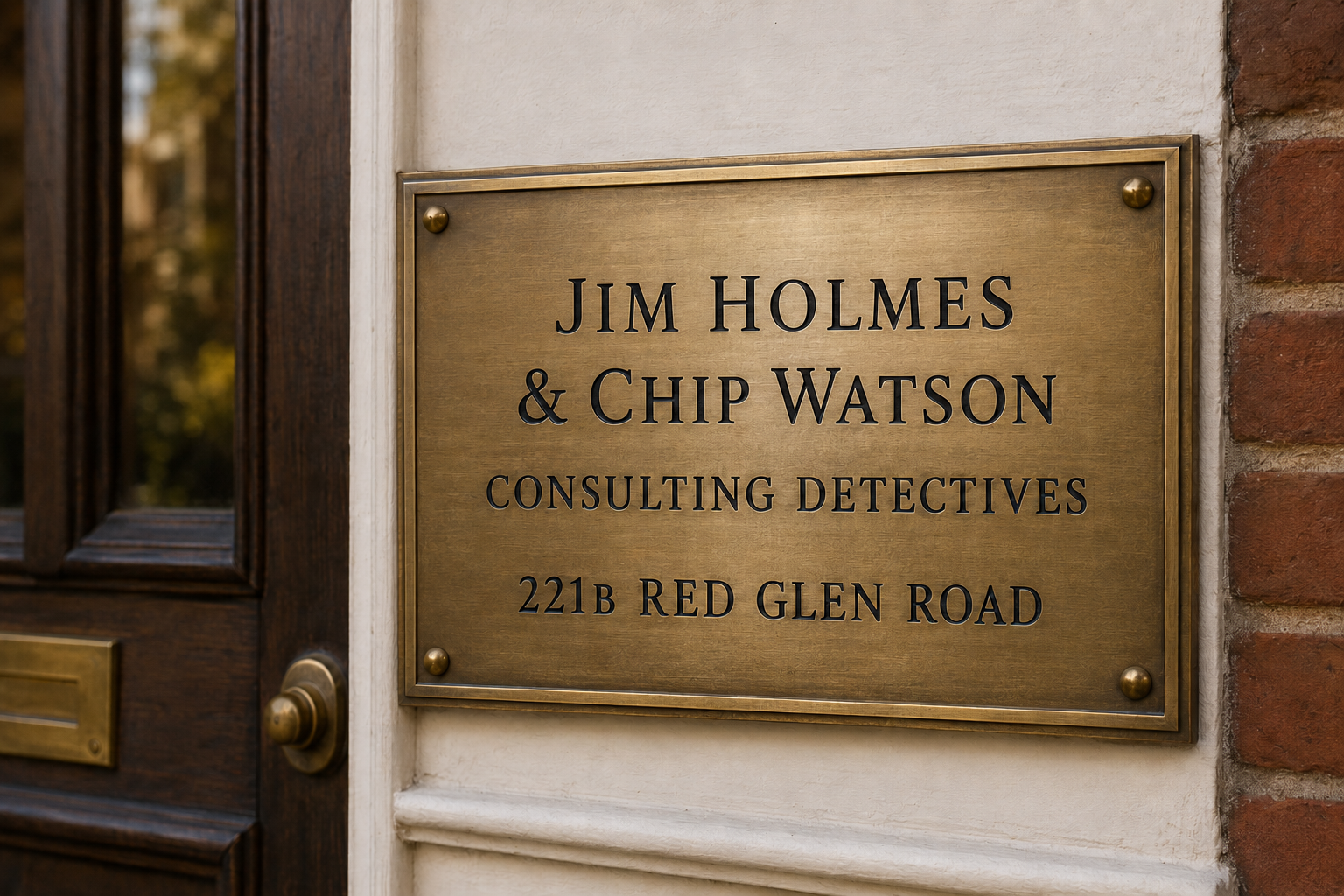 Engraved plaque reading Jim Holmes and Chip Watson, Consulting Detectives, 221B Red Glen Road