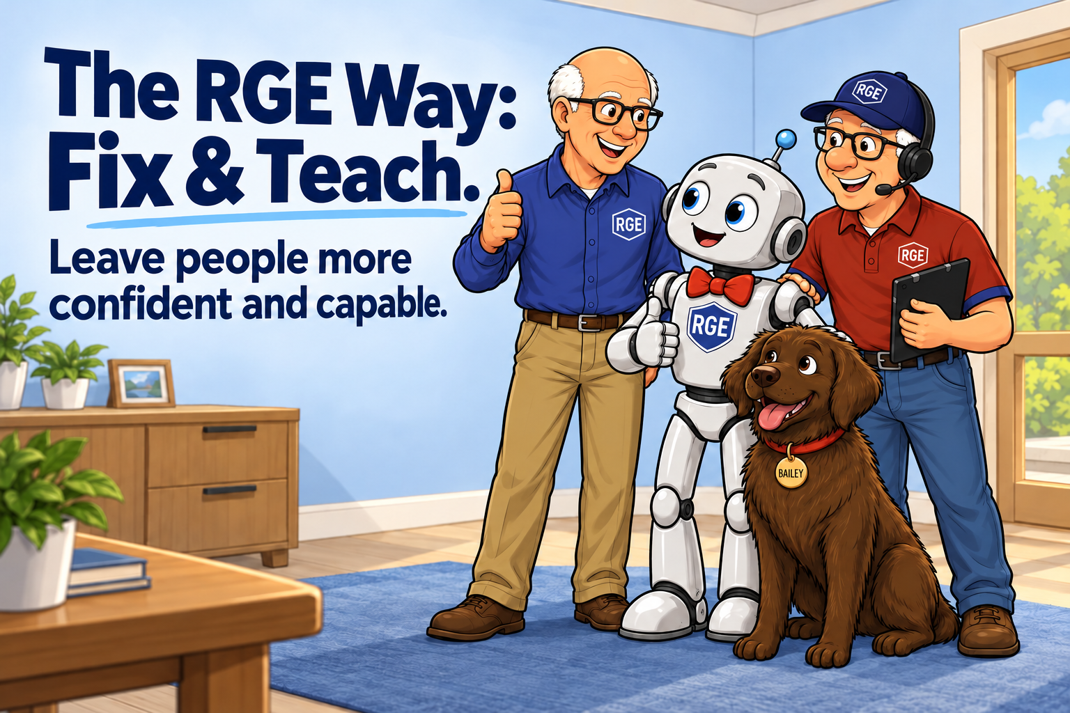 The RGE team: Jim, Chip the robot, Spuds, and Bailey. The RGE Way: Fix & Teach. Leave people more confident and capable.