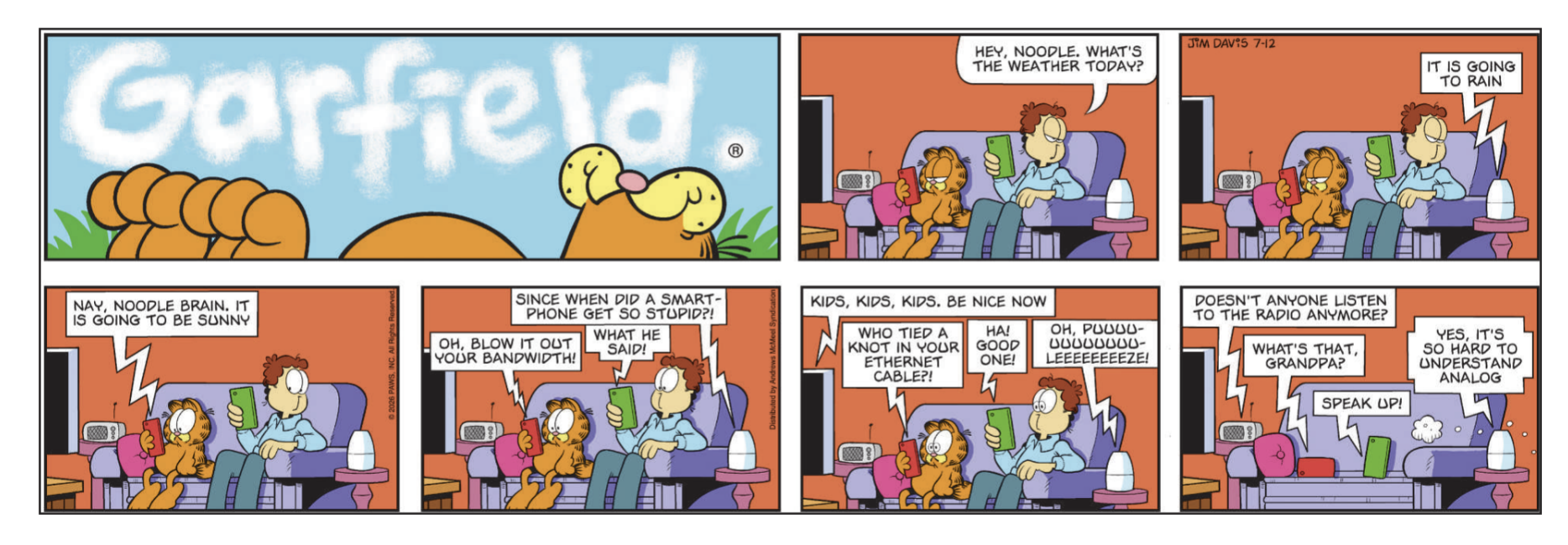 Garfield comic about conflicting digital weather forecasts and listening to an analog radio