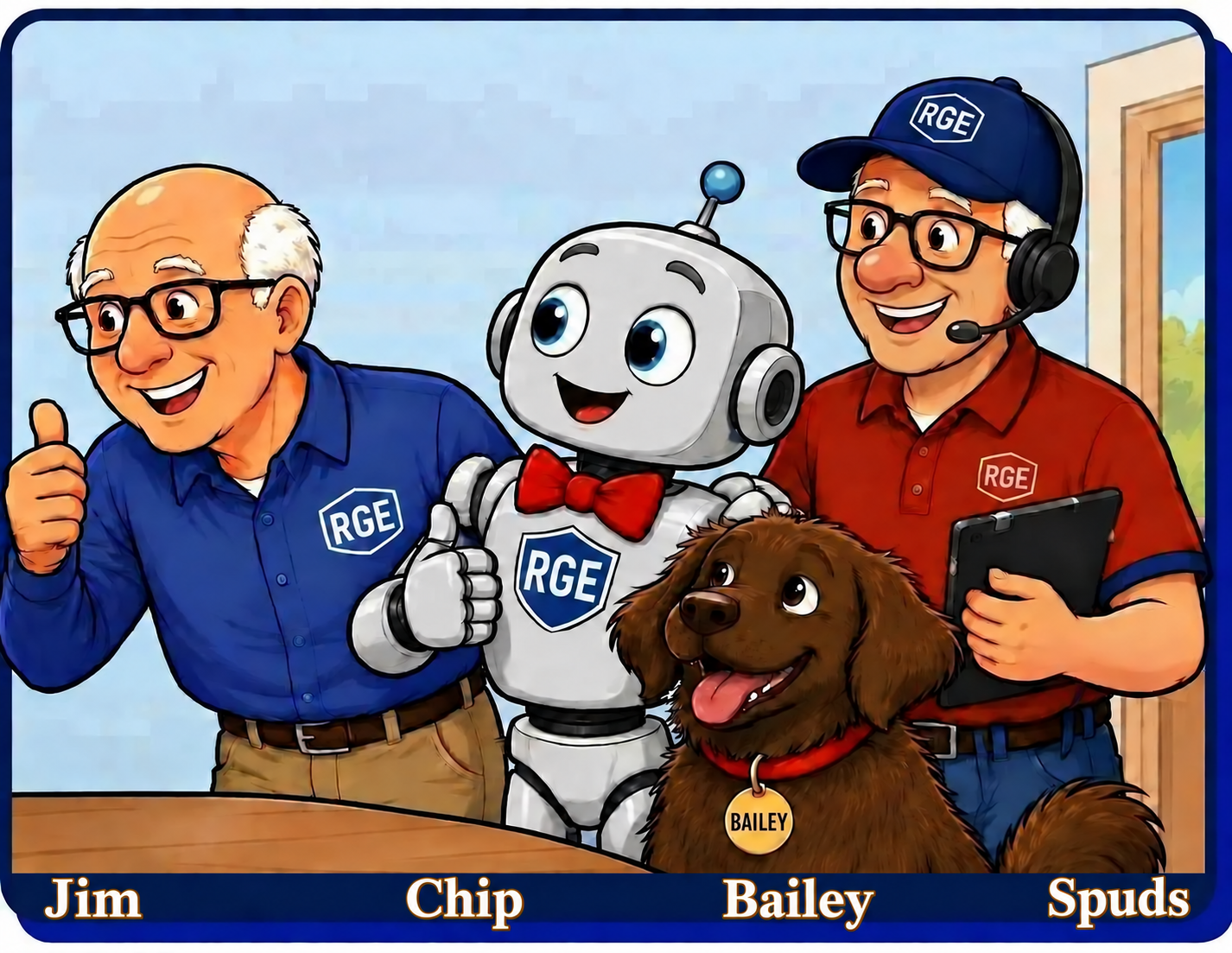 The RGE crew: Jim, Chip, Bailey, and Spuds